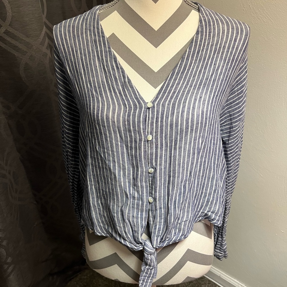 Anthropologie Blue and White Striped Tie-Front Button Blouse